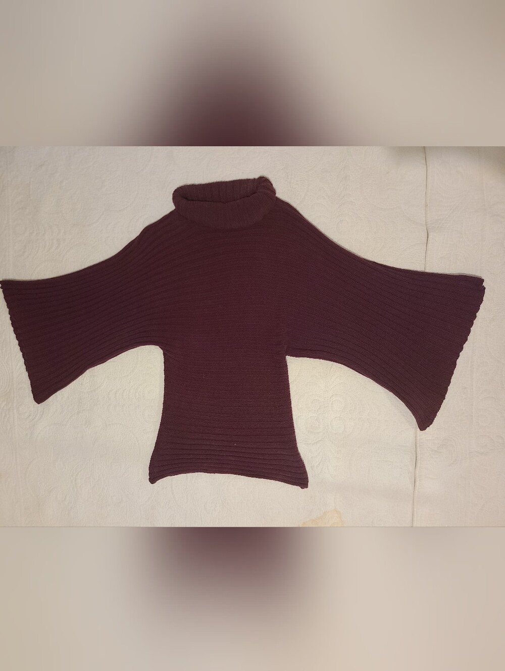 Cami Ribbed Cowl Neck Knit Sweater in Burgundy Statement Sleeves Flare Bell